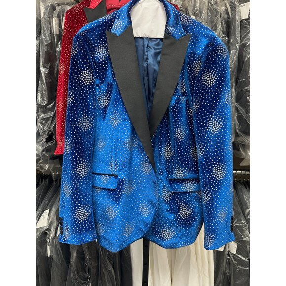 Dot Patterned Peak Lapel Royal Blue Men's Singer Performance Blazer - Wessi 50 - Picture 2 of 8